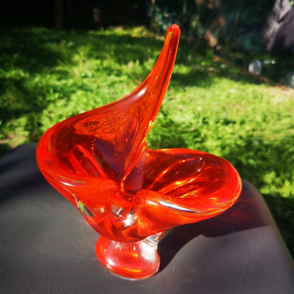 Vintage Chalet Artistic Glass 60's 8" Tall Cigar Ashtray Orange Sculptural Shape